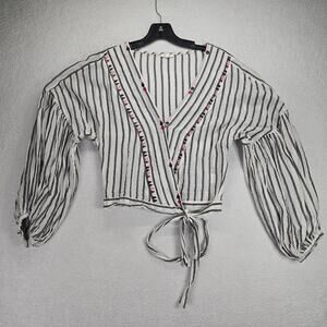 En Creme Top Women S Striped Waist Tie Woven Blouse Puff Sleeve Date Night Boho